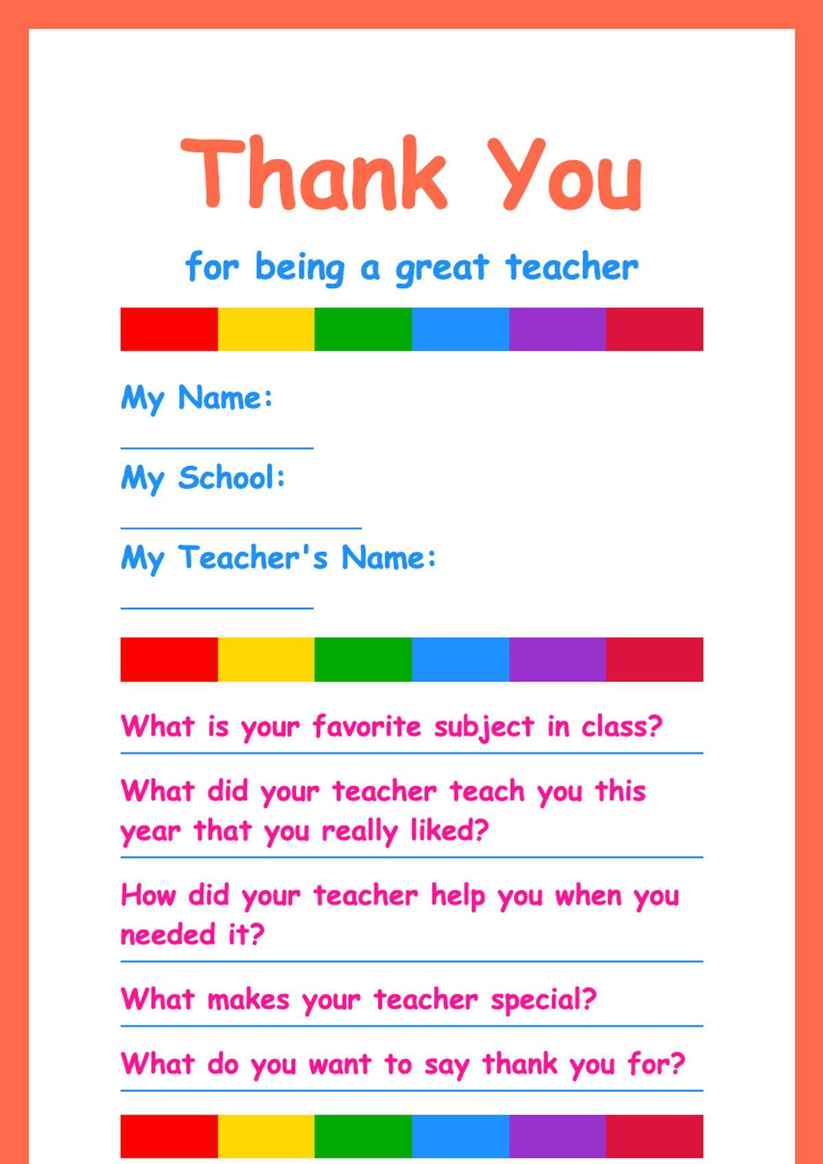 Colorful student thank you note for teacher with fill in blanks_variant_1